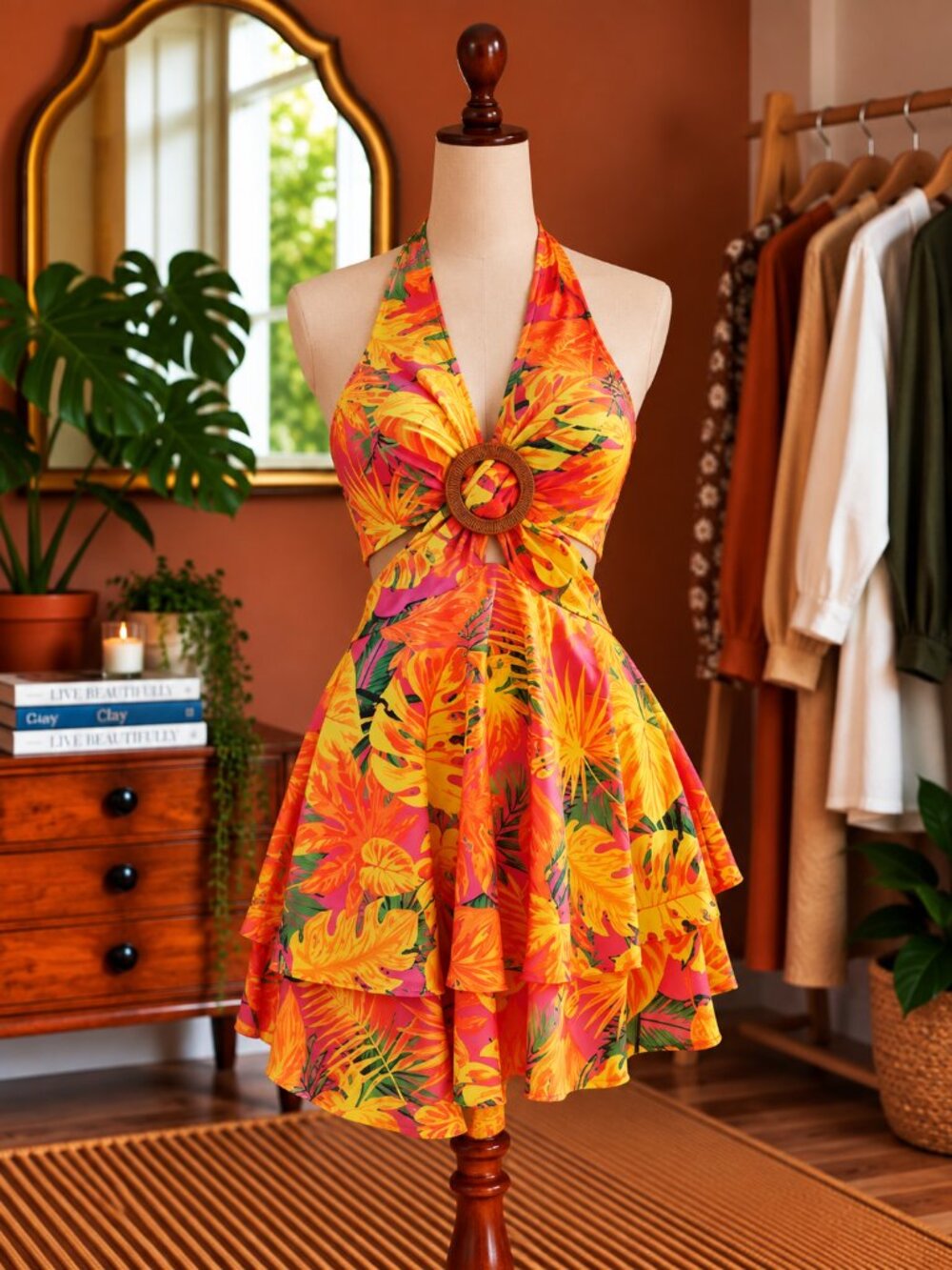 Tropical Halter Dress with Floral Print